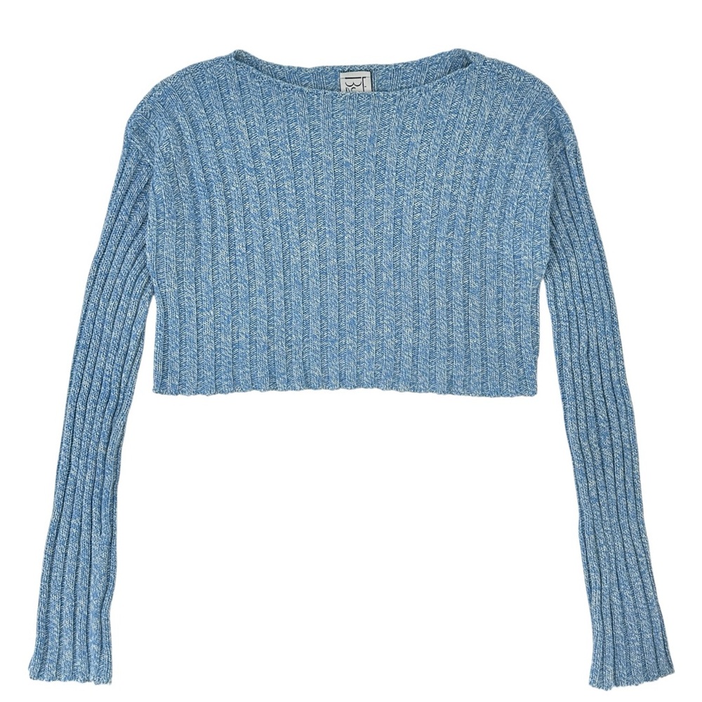 Baserange Macau Sweater Blue Melange Ribbed Boat Neck Crop Long Sleeve Knit Top - Picture 4 of 10